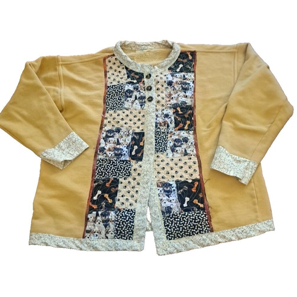 Womens Quilted Cardigan Dogs Yellow Patchwork Boxy Oversized 3 Button Swing L